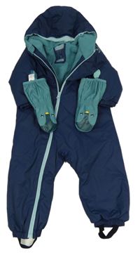 Tmavomodrá šusťáková funkční zateplená kombinéza s kapucí + palcové rukavice Decathlon