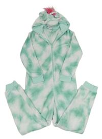 Zeleno-bílá vzorovaná plyšová kombinéza s kapucí - jednorožec C&A