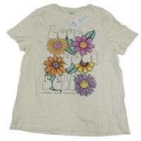 Nové - smetanové tričko s květinami F&F