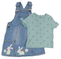 2set - Svetlomodré rifľové na traké šaty s králíky + svetlozelené rebrované kvetované tričko M&S