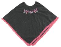 Sivo-ružové fleecové pončo s kvetmi a strapcemi Dopodopo