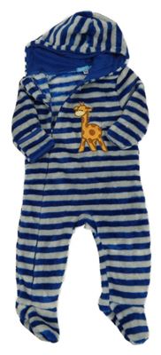 Tmavomodro-sivá pruhovaná plyšová kombinéza s žirafou a kapucňou