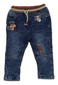 Nové - Tmavomodré teplákové skinny rifle s úpletovým pasem a zvířátky 