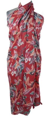 Dámské červené květované pareo s třásněmi