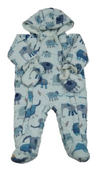 Svetlomodrá šušťáková zimná kombinéza so slonmi a kapucí + rukavice zn. Next