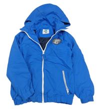 Modrá šušťáková jarná bunda s nášivkou a kapucňou