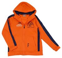 Neónově oranžovo-tmavomodrá športová prepínaci mikina s nápismi a kapucňou