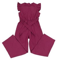 Vínový nohavicový overal s volánikmi a opaskom Shein