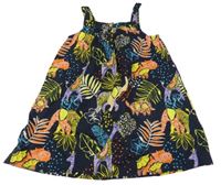 Tmavomodro-farebné šaty s listami a zvířaty Next