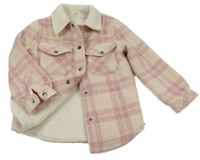 Pudrovo-staroružová kockovaná vlnená zateplená košeľová bunda M&S