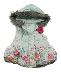 Svetlozelená šušťáková prešívaná zateplená vesta s kvietkami a kapucňou Little Lass