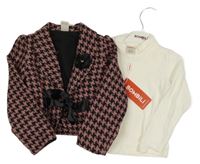 Nové - 2set - Černo-růžové kostkované crop sako + smetanový svetr s rolákem Bombili