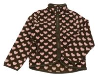 Tmavohnedá fleecová prepínaci mikina so svetloružovými srdiečkami H&M
