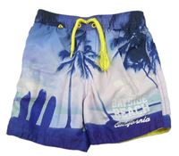Modro-lila-tmavomodré plážové kraťasy s palmami a nápismi F&F