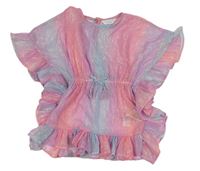 Růžovo-světlemodro-lila trblietavá šifónová plážová tunika s volánikmi PRIMARK