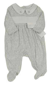 Nové - svetlošedá -biely bodkovaná ý melírovaný zamatový overal s golierikom PURE&SOFT