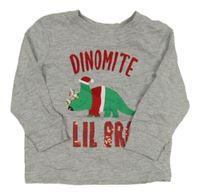Sivé melírované tričko s dinosaurom s vánočním motívom a nápismi a flitrami V BY VERY