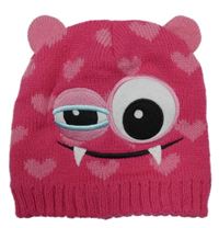 Tmavorůžová pletená čepice se srdíčky - příšerka