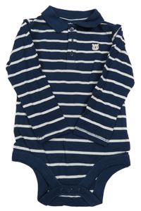 Tmavomodro-bílé pruhované body s medvídkem a límečkem Tu