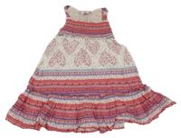 Bielo-jahodovo-modré vzorované letné šaty so srdíčky z kytiček Topolino