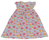 Modro-biele pruhované šaty s jahůdkami a sluníčky a duhami a volánikmi