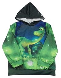 Tmavomodro-zeleno-čierna mikina s dinosaurom a kapucňou