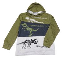 Kaki-tmavomodro-biela mikina s kostrami dinosaurů a kapucňou