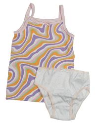2set - Růžovo-lila-oranžová vzorovaná košilka + bílé kalhotky shvězdami