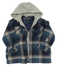 Tmavomodro-petrolejovo-biela kockovaná podšitá košeľová bunda s teplákovou kapucňou zn. Next