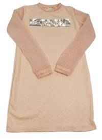 Růžové šaty s nápisem a síťovanými rukávy C&A