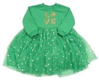 Zelené teplákovo/tylové šaty s trojlístkem z flitrů Primark