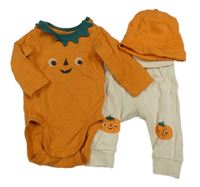 3set - Tehlové body s dýní + béžové ľahké tepláky s dýněmi + bavlnená čapica H&M