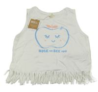 Nové - Bílý crop top s jablkem a třásněmi Sfera