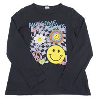 Antracitové tričko s kvetinami a smajlíkmi