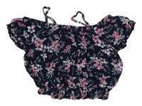 Tmavomodré kvetované crop tričko s listami Kiki&Koko