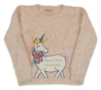 Svetloružový chlpatý sveter s jednorožcom Primark