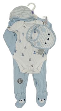 Nové - 4 set - modrý žebrovaný overal + bílé body s pejsky + pruhovaná čepice + bryndák Nutmeg