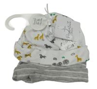 Nové - 2x čepice biela so zvířaty + šedá pruhovaná George