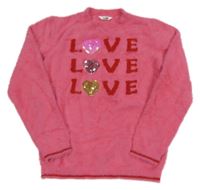 Ružový chlpatý sveter s nápismi a srdíčky z flitrů M&Co.