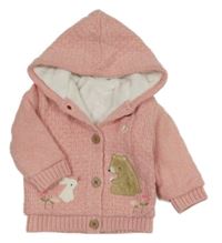 Růžový zateplený propínací svetr s medvědem a kapucí Nutmeg