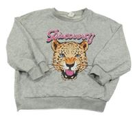 Sivá melírovaná mikina s leopardom a nápisom shein