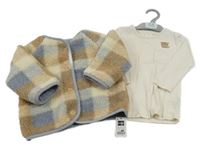 Nové - 2 set - smetanové triko s medvědem + smetanovo-modrá huňatá podšitá propínací mikina dunnes