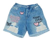 Modré lehké kraťasy riflového vzhledu s nápisom a srdiečkami