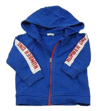 Modrá propínací mikina s bílým pruhem na rukávu a kapucí Benetton