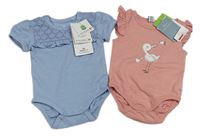 2set - 2x body - svetlomodré body s čipkovou + ružové body s vtáčikom