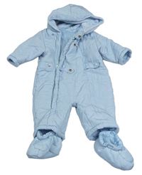 Svetlomodrá šušťáková zimná kombinéza s autíčky a kapucí + cápačky zn. Mothercare