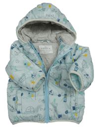 Svetlomodrá šušťáková zateplená bunda s obrázkami a kapucňou M&S