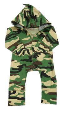 Kaki-béžovo-čierno-hnedá army kombinéza s kapucňou