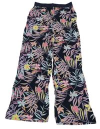 Tmavomodro-farebné kvetované rebrované široké nohavičky S. Oliver