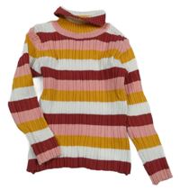 Bielo-ružovo-horčicový pruhovaný rebrovaný svetrový rolák Nutmeg